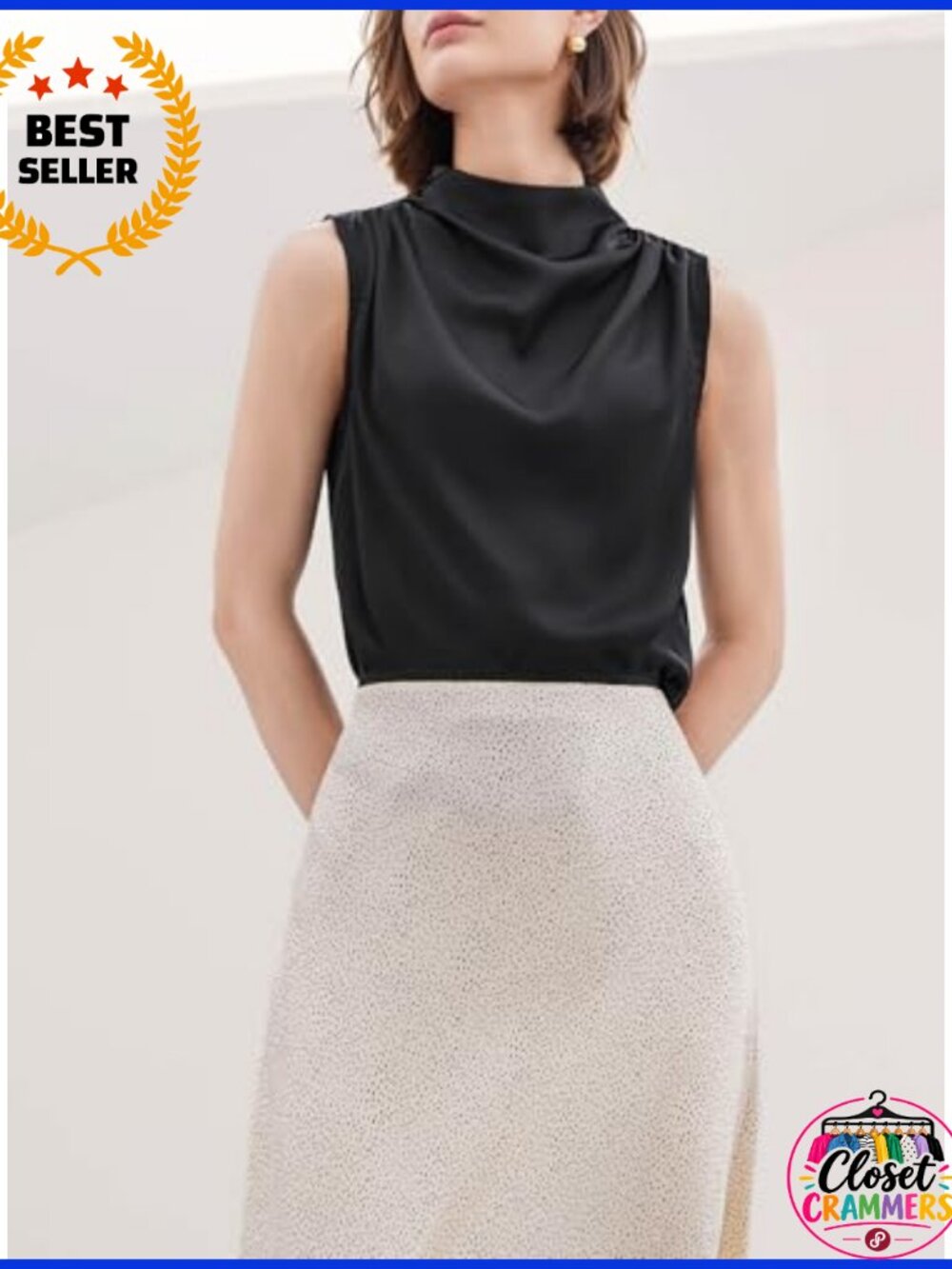 Mock Neck Satin Tank Top Sleeveless Ruched Business Casual Blouse - Picture 4 of 6